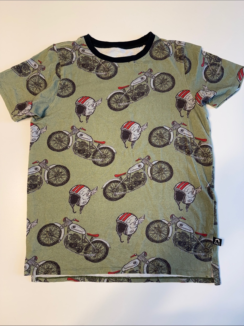 Rags Kids Olive Green Black Motorcycle Helmut Wings Tee sz 11-12 EUC